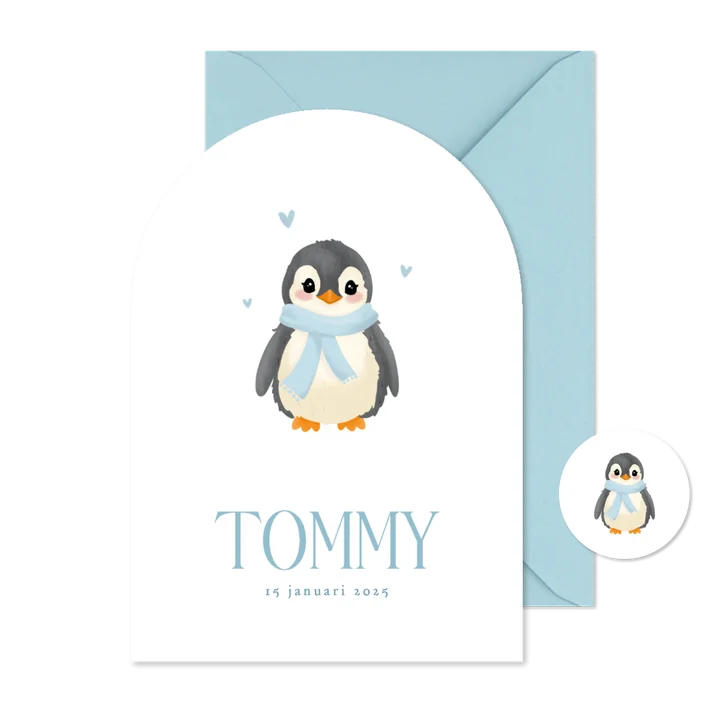 Schattig wit geboortekaartje met pinguin boogvorm
