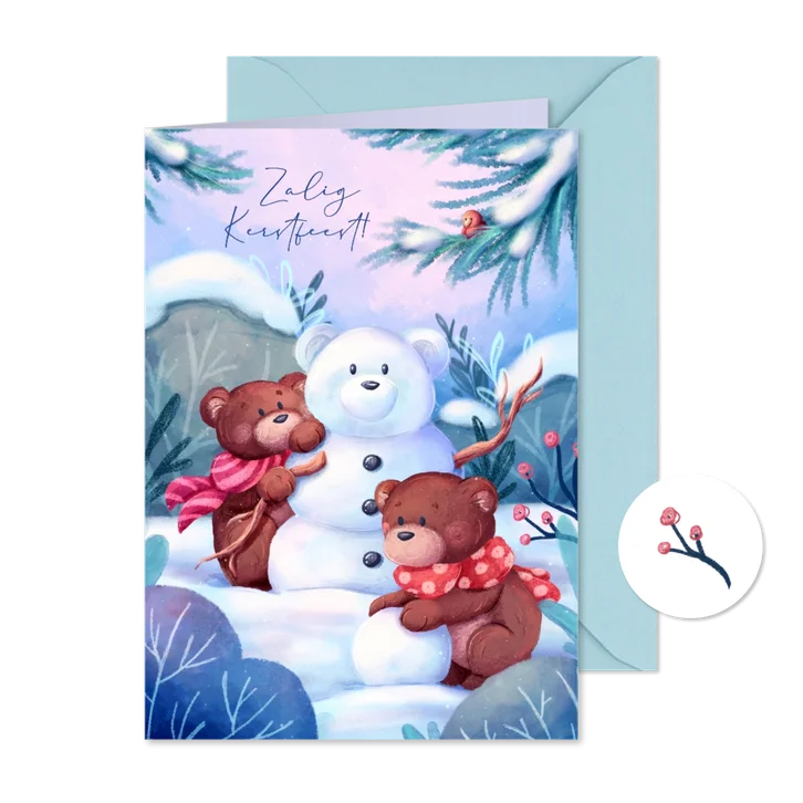 Schattige kerstkaart met beren en sneeuwpop