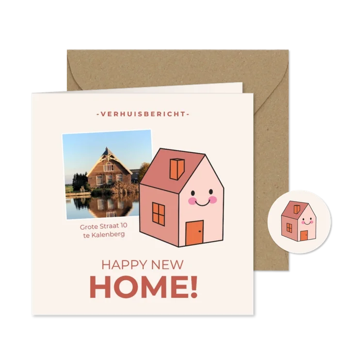 Schattige verhuiskaart huisje met gezicht en foto