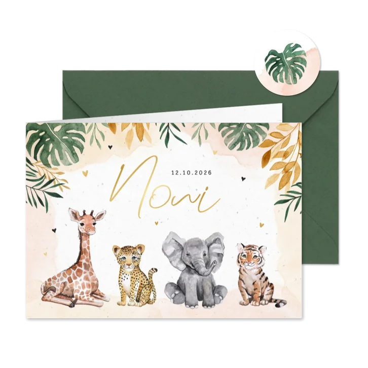 Sfeervol geboortekaartje dieren jungle giraf olifant tijger