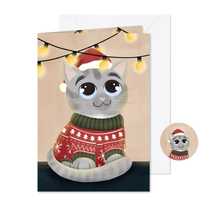 Sfeervol kerstkaartje met een kat in een kersttrui