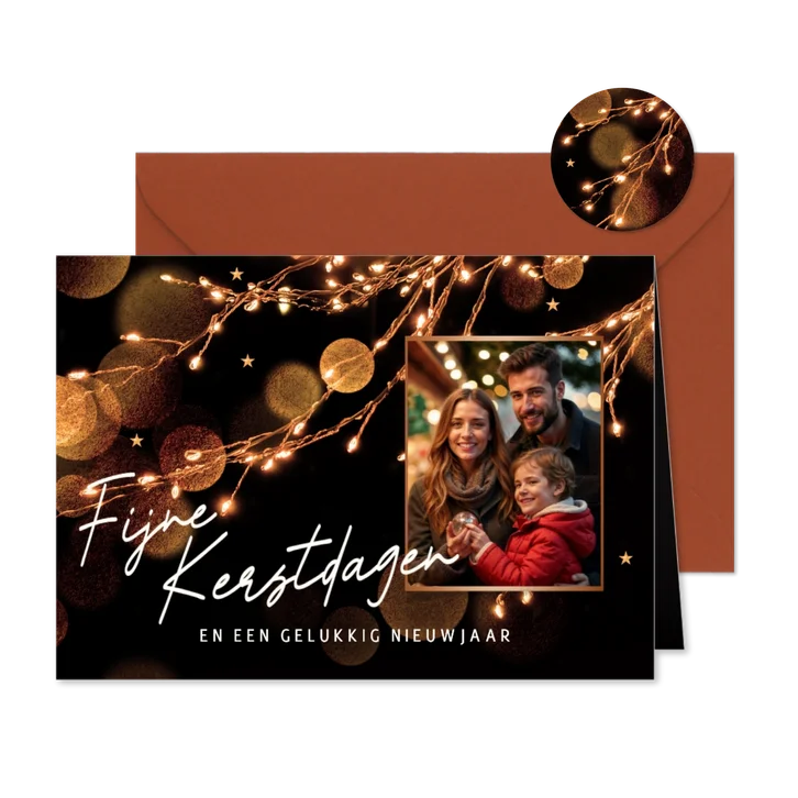 Sfeervol kerstkaartje met foto en lichtjes
