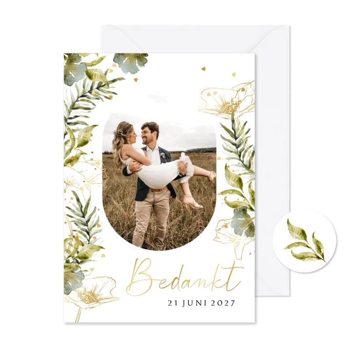 Sfeervolle bedankkaart botanische bladeren hartjesconfetti