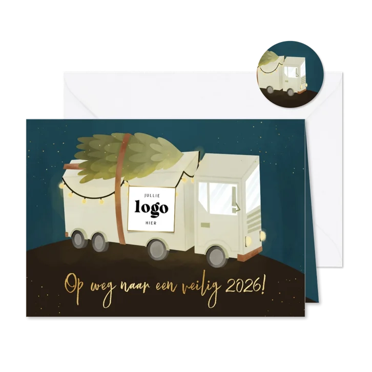 Sfeervolle kerstkaart zakelijk met vrachtwagen in de nacht