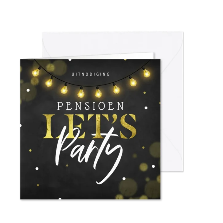 Sfeervolle uitnodiging pensioenfeest krijtbord lampjes