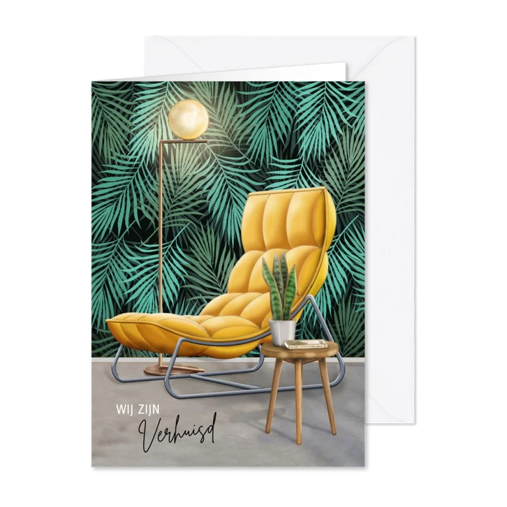 Sfeervolle verhuiskaart grafisch behang en trendy stoel