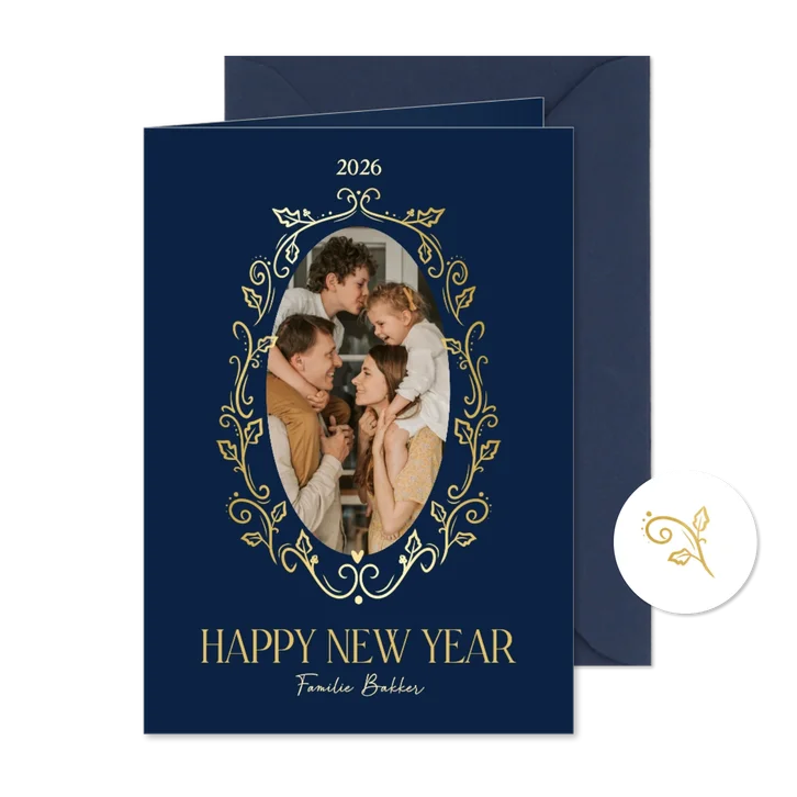 Sierlijk blauwe fotokaart nieuwjaar gouden kader takjes