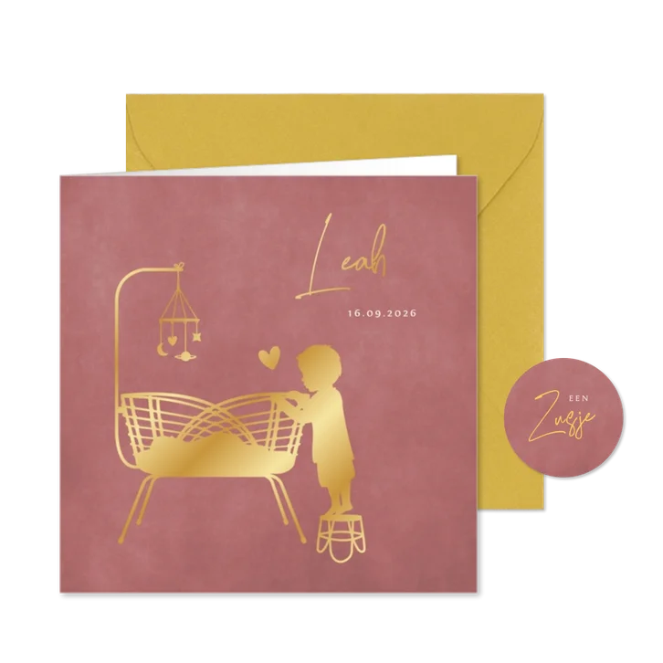 Silhouet geboortekaartje grote broer bij wiegje zusje