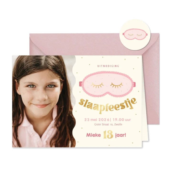 Slaapfeestje uitnodiging met foto en slaapmasker 