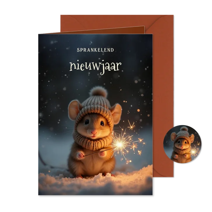 Sprankelend nieuwjaarskaartje met schattig muisje