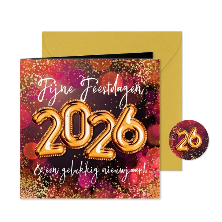 Sprankelende kerstkaart 2026 cijferballon origineel goud