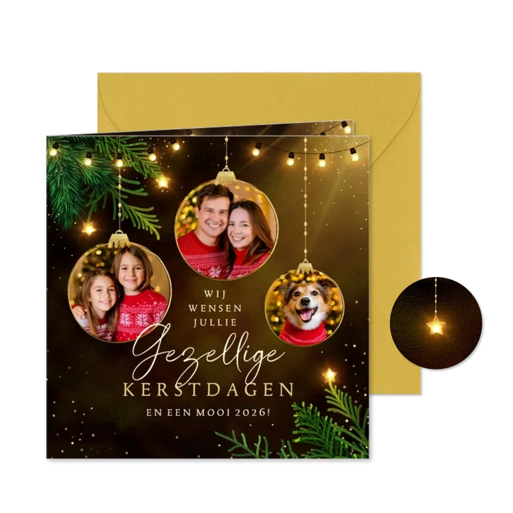 Sprankelende kerstkaart fotocollage kerstballen en lichtjes