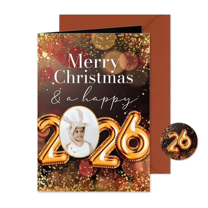 Sprankelende kerstkaart jaartal ballonnen goud confetti goud