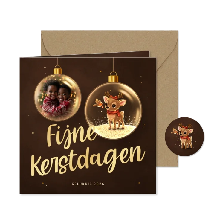Sprankelende kerstkaart lief hertje en foto in kerstbal