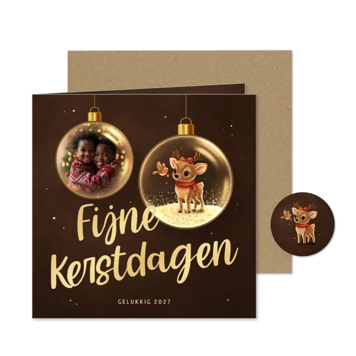 Sprankelende kerstkaart lief hertje en foto in kerstbal