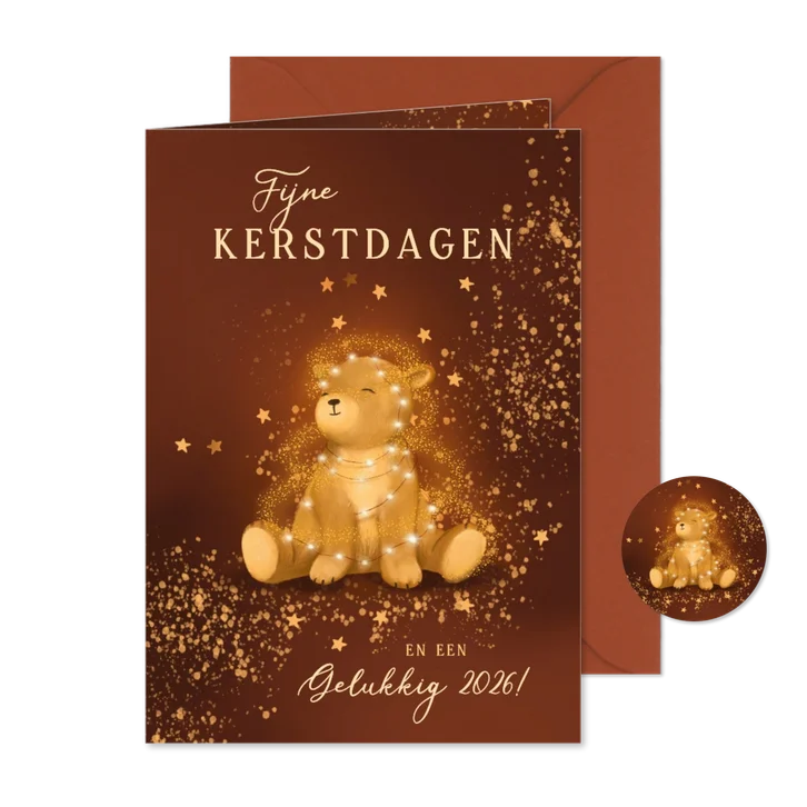 Sprankelende kerstkaart met beertje en lampjes