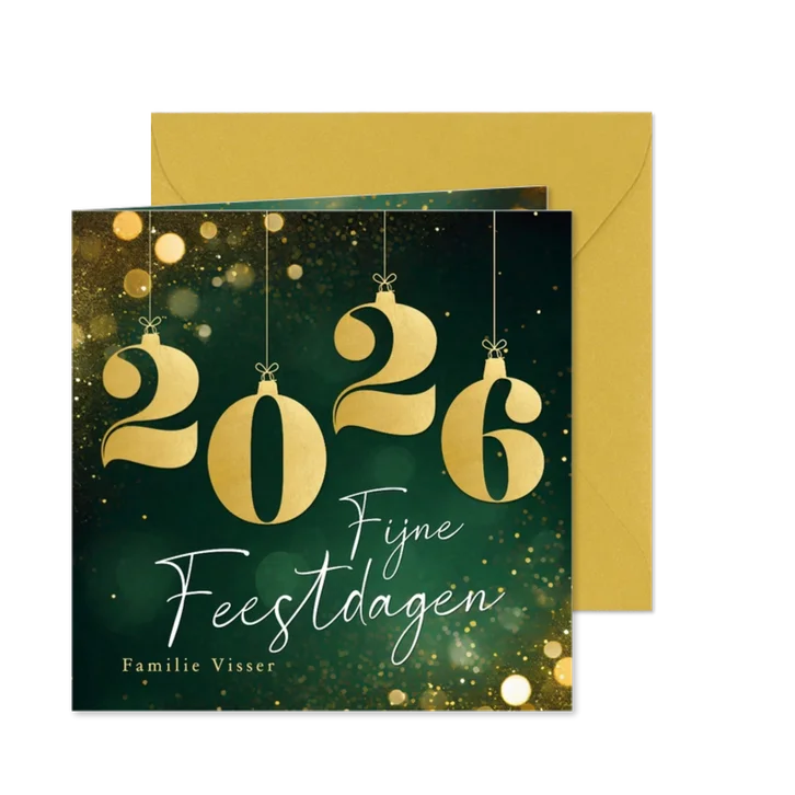 Sprankelende kerstkaartjes groen met gouden kerstballen 2026