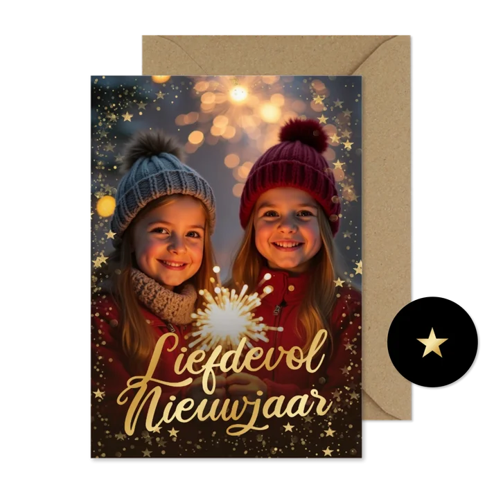 Sprankelende nieuwjaarskaart grote foto liefdevol nieuwjaar