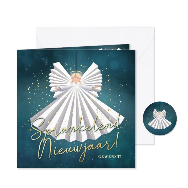 Sprankelende nieuwjaarskaart met lieve engel en glitters