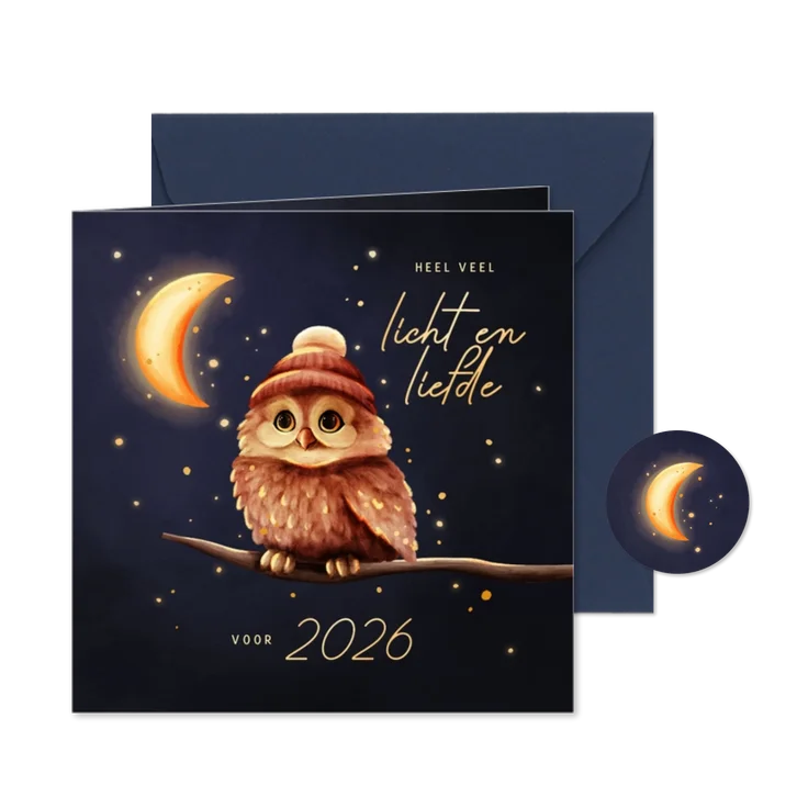 Sprankelende nieuwjaarskaart uil licht en liefde voor 2026
