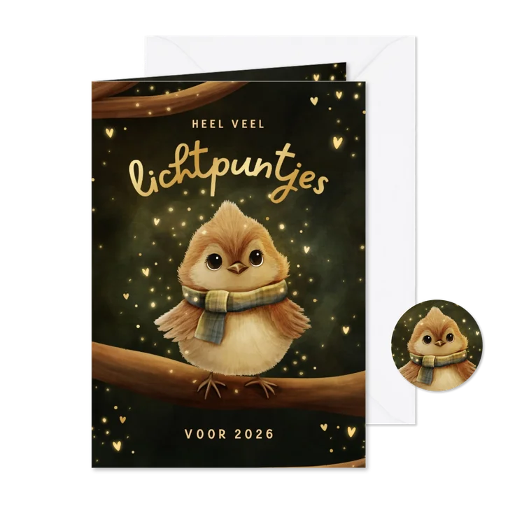 Sprankelende nieuwjaarskaart vogeltje lichtpuntjes voor jou