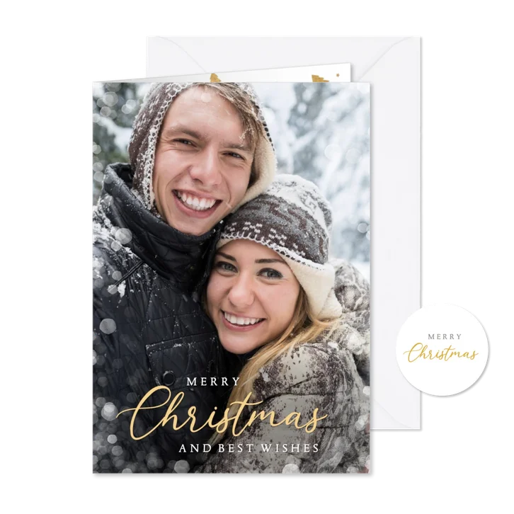 Staande kerstkaart met eigen foto en sneeuwkader