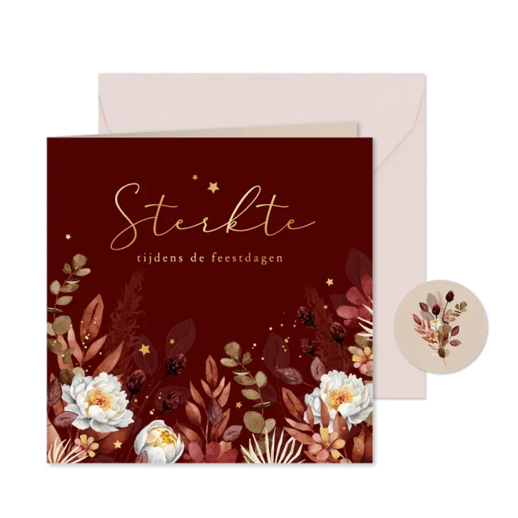 Sterkte kerstkaart bloemen gouden sterretjes feestdagen