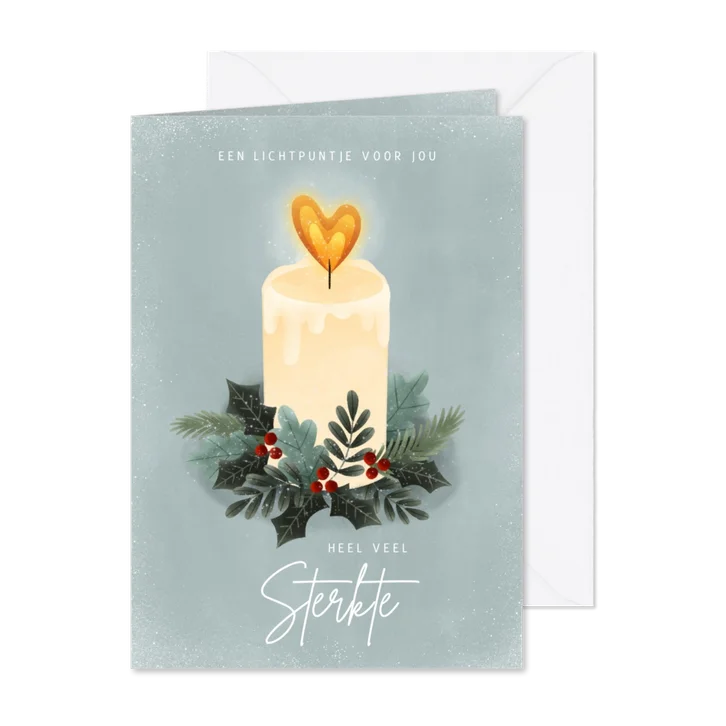 Sterkte kerstkaart met kaarsje, kersttakjes en hartje