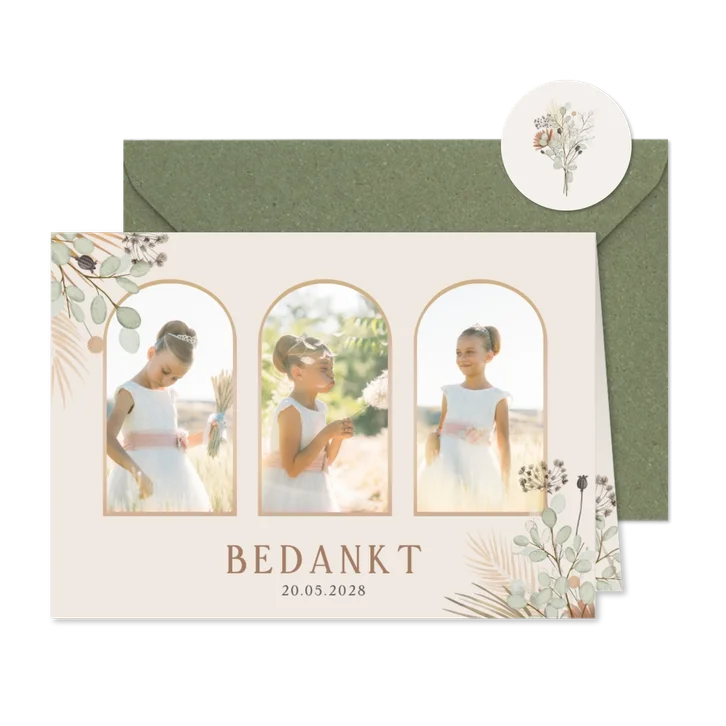Stijlvol bedankkaartje communie met 3 foto's en droogbloemen