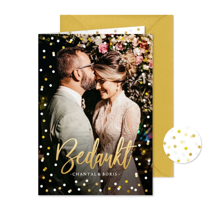 Stijlvol bedankkaartje huwelijk met eigen foto en confetti