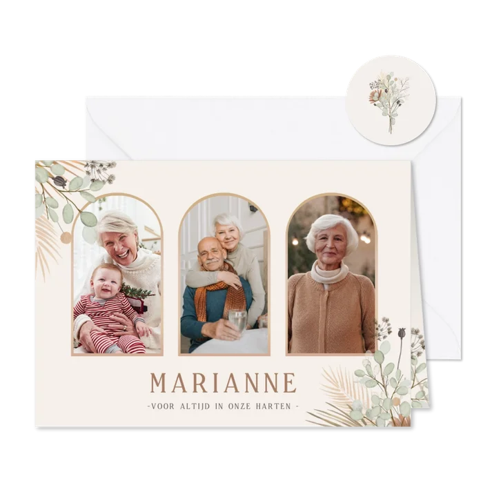 Stijlvol bedankkaartje na overlijden met foto's en bloemen