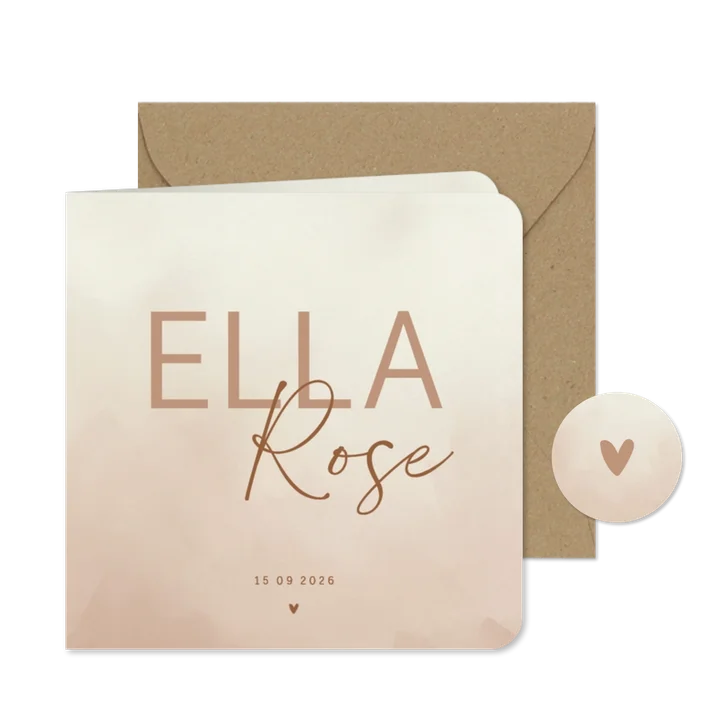 Stijlvol beige geboortekaartje met waterverf structuur