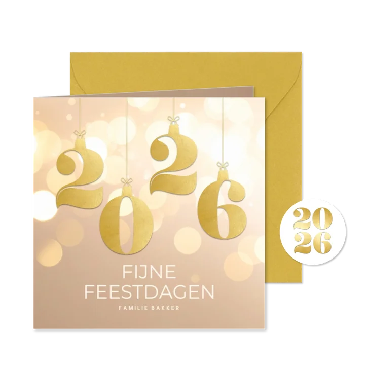 Stijlvol beige kerstkaartje 2026 goud met bokeh