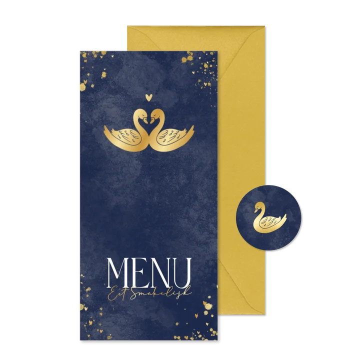 Stijlvol donkerblauw menukaartje huwelijk met gouden zwanen