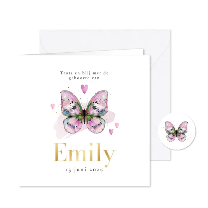 Stijlvol en lief geboortekaartje watercolor vlinder roze