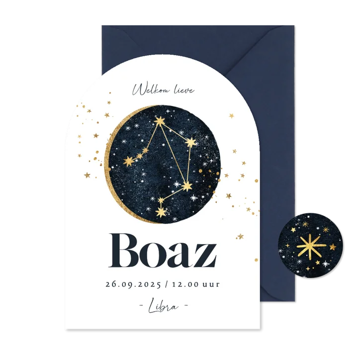 Stijlvol geboortekaartje astrologie weegschaal sterren maan