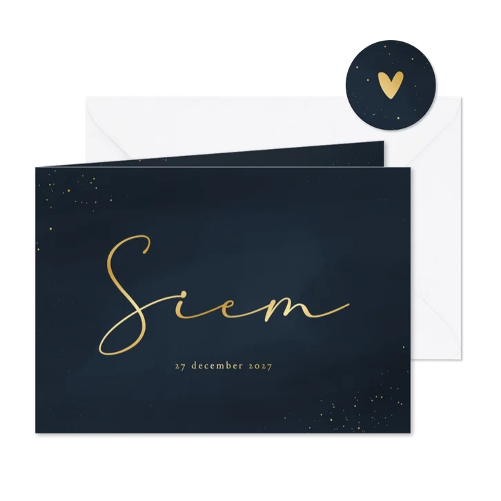 Stijlvol geboortekaartje donkerblauw met gouden spettertjes