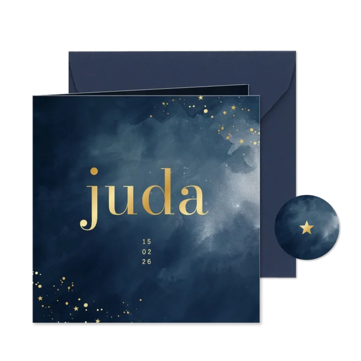 Stijlvol geboortekaartje donkerblauw met goudfolie 
