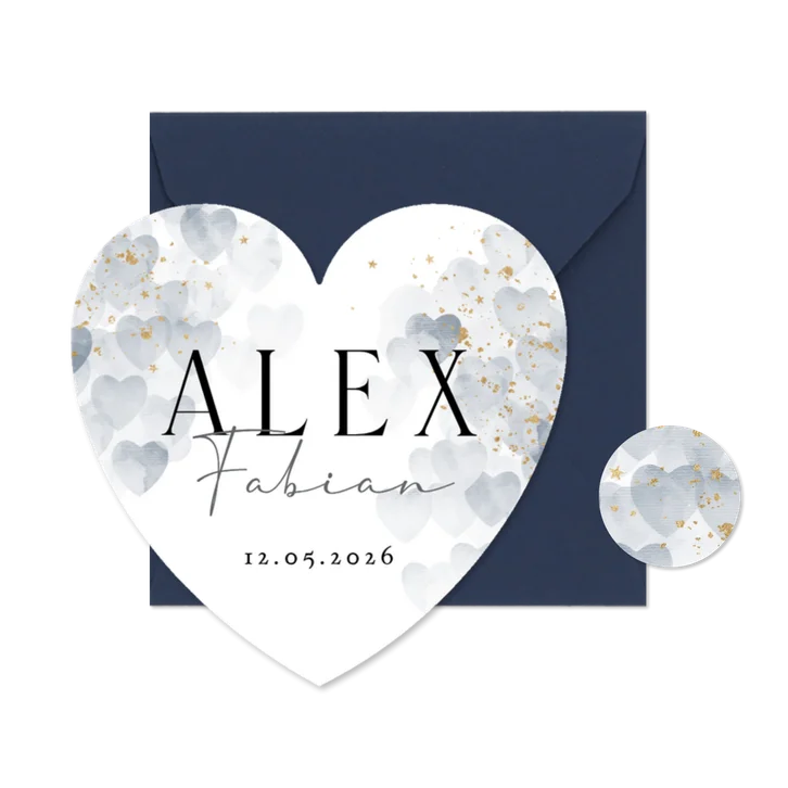 Stijlvol geboortekaartje hartjes watercolor blauw klassiek