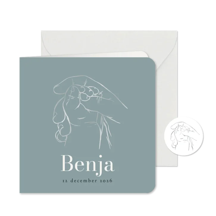 Stijlvol geboortekaartje lijntekening babyhandje christelijk