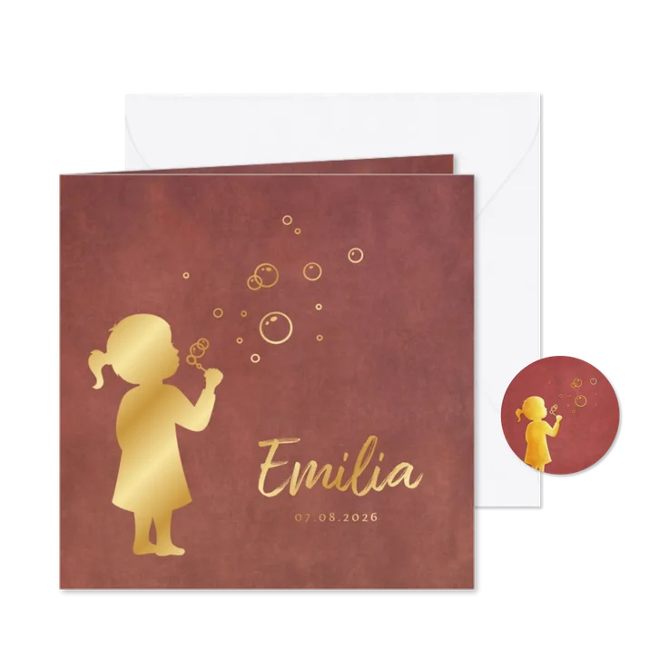 Stijlvol geboortekaartje meisje met bellenblaas silhouet 