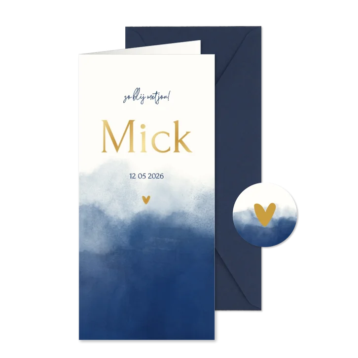 Stijlvol geboortekaartje met donkerblauwe waterverf en hart