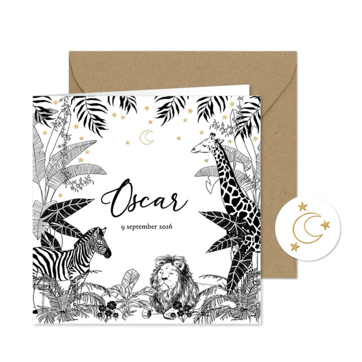 Stijlvol geboortekaartje met jungledieren in zwart/wit