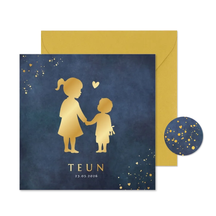 Stijlvol geboortekaartje met silhouet van zus en broertje