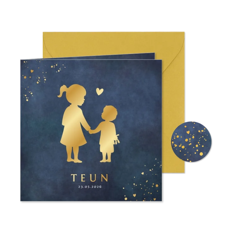 Stijlvol geboortekaartje met silhouet van zus en broertje