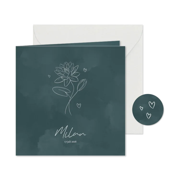 Stijlvol geboortekaartje met waterlelie geboortebloem juli