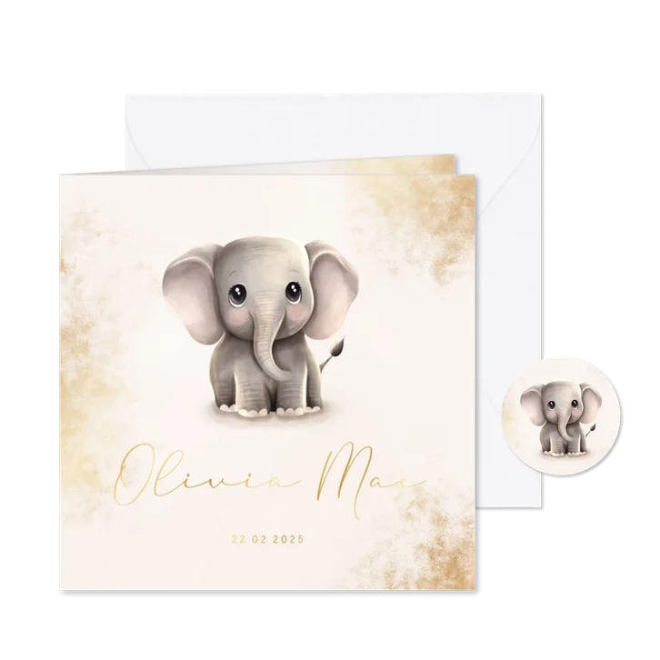 Stijlvol geboortekaartje olifantje met gouden accenten