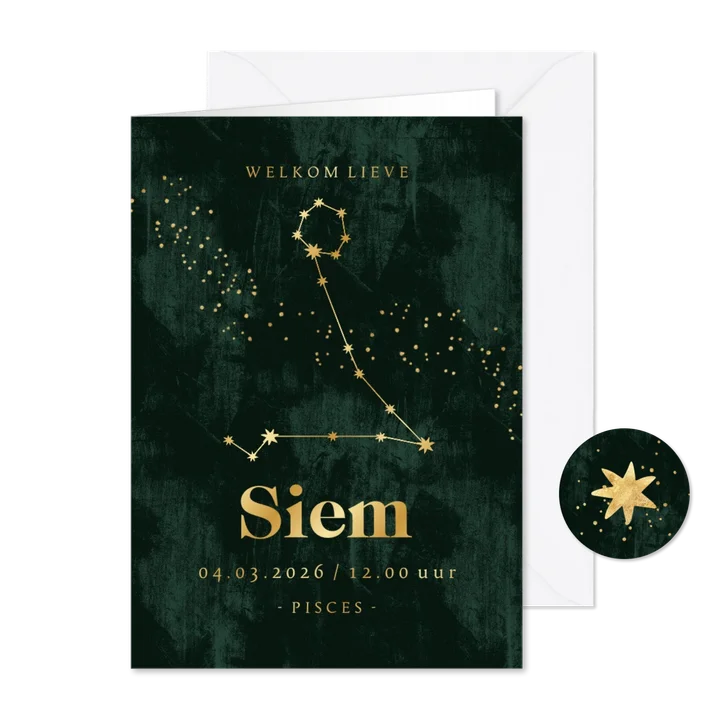 Stijlvol geboortekaartje sterrenbeeld vissen goud spetters