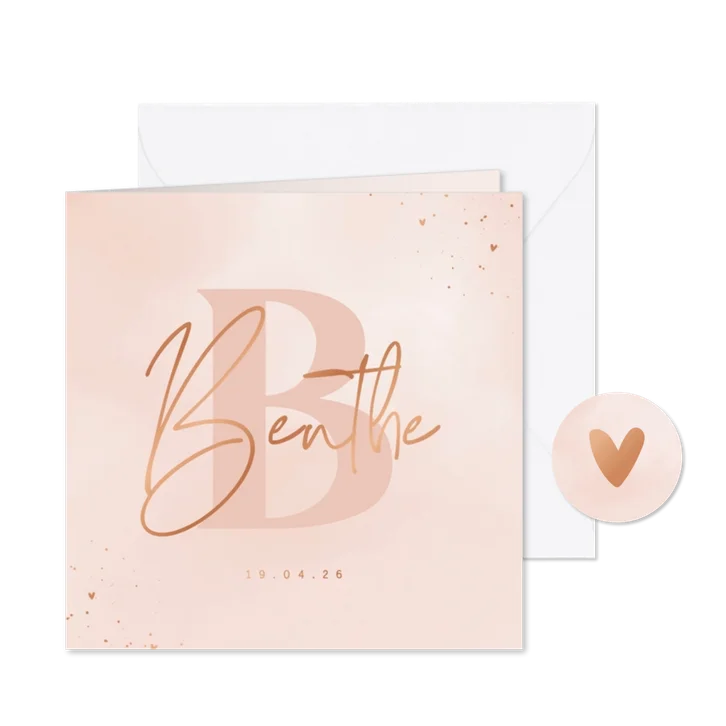 Stijlvol geboortekaartje voorletter baby roze wolkjes koper