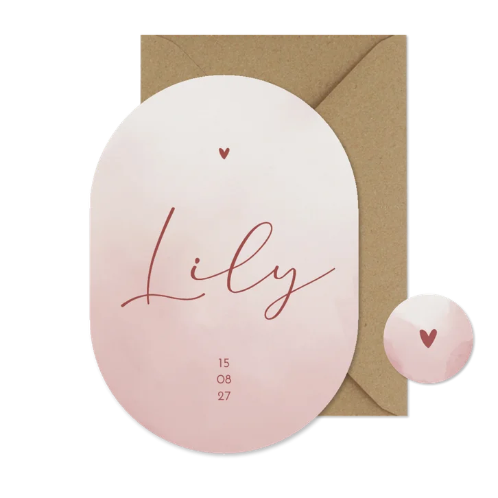 Stijlvol geboortekaartje waterverf ovaal roze
